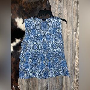 Talbots petite size XlP blue and yellow patterned tank top with tassel tie